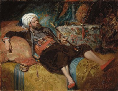 Un turco reclinado fumando una pipa de agua, 1844 de Henri Baron