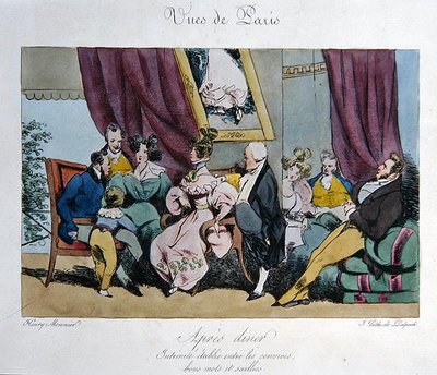 Representación humorística del comportamiento y conversación de los invitados después de la cena, caricatura para 