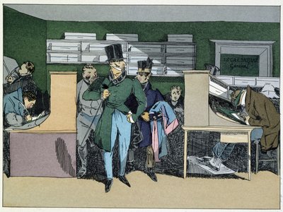 12 del mediodía: llegada del Sr. Jefe de División, trabajo obligatorio - en "Administrative morals" de Henri Monnier de Henri Bonaventure Monnier