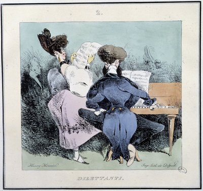 Dilettantes (jóvenes cantando y tocando el piano) - en "Esquisses parisiennes" por Henri Monnier, ed. Delpech, París de Henri Bonaventure Monnier