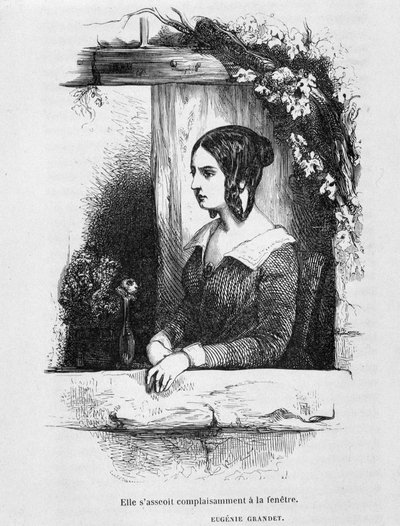 Eugenia Grandet en su ventana - en “Eugenia Grandet” de Balzac, il. Henri Monnier, edición original de 1843 de Henri Bonaventure Monnier