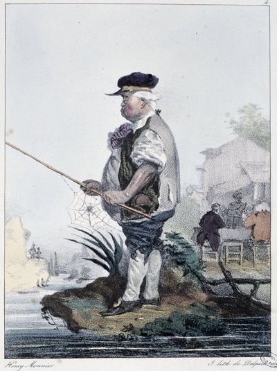 Hombre pescando: “Cada uno toma su placer donde lo encuentra” - en “Les pastemps” por Henri Monnier, ed. Delpech, París de Henri Bonaventure Monnier