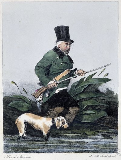 Hombre cazando con su perro: “Cada uno toma su placer donde lo encuentra” - en “Los pasatiempos” de Henri Monnier, ed. Delpech, París de Henri Bonaventure Monnier