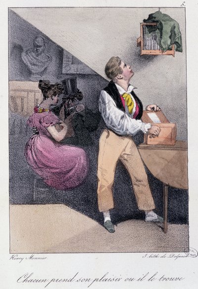 Hombre que cría pájaros mientras su esposa lo engaña: “Cada uno toma su placer donde lo encuentra” - en “Los pasatiempos” de Henry Monnier, ed. Delpech, París, v.1830 de Henri Bonaventure Monnier