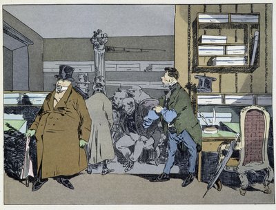 Nueve horas: llegada de empleados, cambio de trajes, pequeño recorrido por la estufa - en "Administrative Mores" de Henri Monnier de Henri Bonaventure Monnier