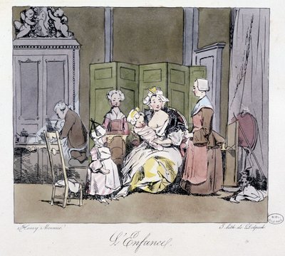Niñera, sirvientes, bebé y niño en la aristocracia del siglo XVIII - en “Antaño y hoy” de Henri Monnier, ed. Delpech, París de Henri Bonaventure Monnier