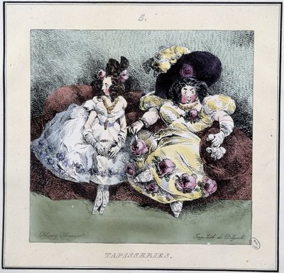 Mujeres feas haciendo "tapestry" sentadas en una sala de estar - en "Parisiennes" de Henri Monnier, ed. Delpech, París de Henri Bonaventure Monnier