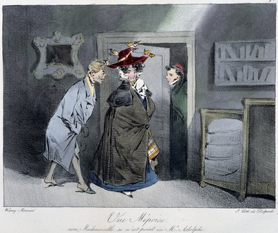 Une méprise: “No, señorita, aquí no está el señor Rodolphe” - en “Esquisses parisiennes” por Henri Monnier, ed. Delpech, París de Henri Bonaventure Monnier