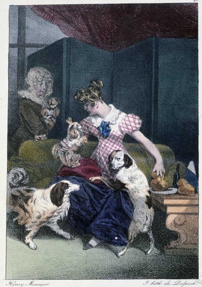 Joven con perros: "Everyone takes his pleasure where he finds him" - en "Les pastemps" de Henri Monnier, ed. Delpech, París de Henri Bonaventure Monnier
