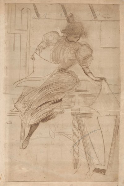 Una mujer ve impresiones en un puesto de impresión de Henri Boutet (possibly)