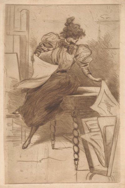 Una mujer ve impresiones en un puesto de impresión de Henri Boutet (possibly)