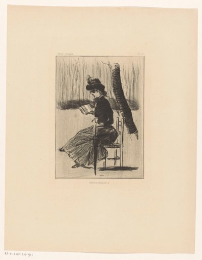 Mujer con un libro y un paraguas en una silla al aire libre
Petits Croquis 5 (título en el objeto) de Henri Boutet