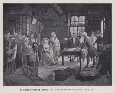 Arresto del Rey Luis XVI de Francia y su familia en Varennes mientras intentaban escapar después de la Revolución Francesa de Henri Cain