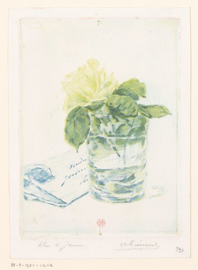 Carta junto a un jarrón con una rosa de Henri Charles Guérard (signed by artist)