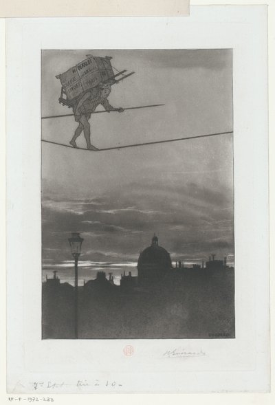 Equilibrista con paquete en la espalda sobre una ciudad Portada para: Henri Béraldi, Les Graveurs du XIXe siècle (...), 1888 de Henri Charles Guérard (signed by artist)