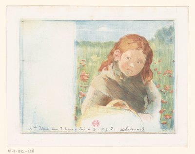 Chica con cesta en un prado de flores de Henri Charles Guérard (signed by artist)