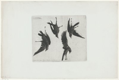 Cuatro cuervos muertos colgando de una pared de Henri Charles Guérard (signed by artist)