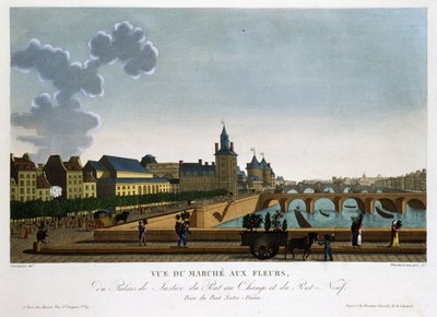 Vista del mercado de flores, puente de intercambio y puente nuevo - en "Vues de Paris" de Courvoisier de Henri Courvoisier Voisin