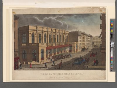 Vista de la nueva sala de la Ópera tomada desde la calle de Provence, grabado por Rousseau, c.1821 de Henri Courvoisier Voisin