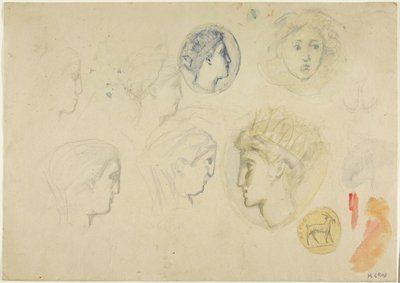 Bocetos: Cabezas de perfil, monedas o medallas (recto); Árboles (verso) de Henri Cros