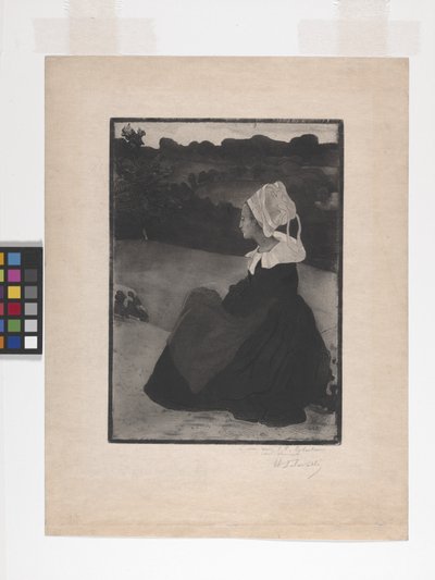 Bretonne Assise (Mujer bretona sentada) (aguafuerte, aguafuerte de fondo blando y aguatinta) de Henri Delavallee
