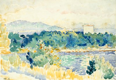 Paisaje mediterráneo con una casa blanca de Henri Edmond Cross