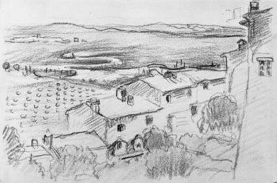 Vista desde un pueblo sobre campos y praderas hacia el mar. Bormes-les-Mimosas de Henri Edmond Cross