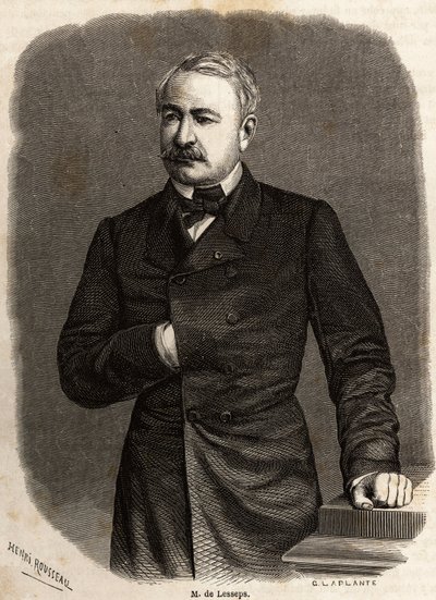 Retrato de Ferdinand de Lesseps (1805-1894) diplomático y empresario, promotor de los dos ambiciosos proyectos: los Canales de Suez y Panamá, dibujo de Henri Rousseau, para ilustrar una excursión al Canal de Suez en 1862 por Paul Merruau. Grabado en 