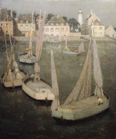 Puerto bretón a la luz de la luna de Henri Eugene Augustin Le Sidaner