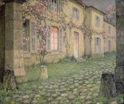 Casa con rosas al anochecer, c.1928 de Henri Eugene Augustin Le Sidaner