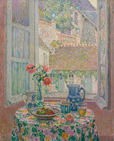 Mesa con vista al patio de Henri Eugene Augustin Le Sidaner