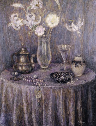 La mesa, armonía gris de Henri Eugene Augustin Le Sidaner