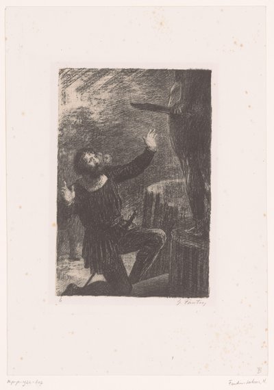 Cellini se arrodilla ante su estatua de bronce de Perseo
Benvenuto Cellini. Acto III. La fuente de Persée
Vida y obra de Hector Berlioz (título de la serie) de Ignace Henri Jean Fantin Latour