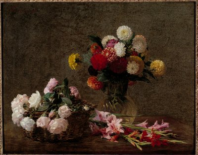 Dalias y rosas en una canasta de Ignace Henri Jean Fantin Latour
