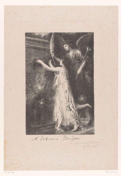 Un ángel y una personificación de la fama llevan una corona de honor a la tumba de Johannes Brahms
Á Johannes Brahms (título en el objeto) de Ignace Henri Jean Fantin Latour
