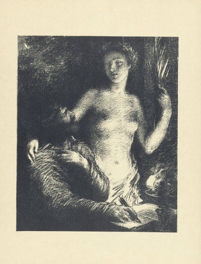 Hombre sentado con pluma en mano y libro abierto y mujer desnuda de pie junto a él como musa o inspiración Inspiración L