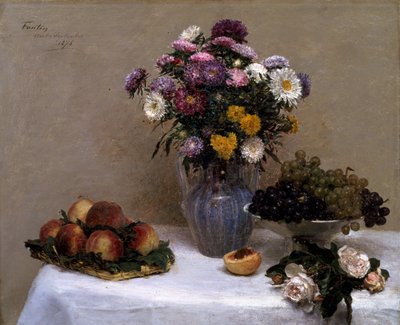 Rosas blancas y crisantemos en un jarrón de Ignace Henri Jean Fantin Latour