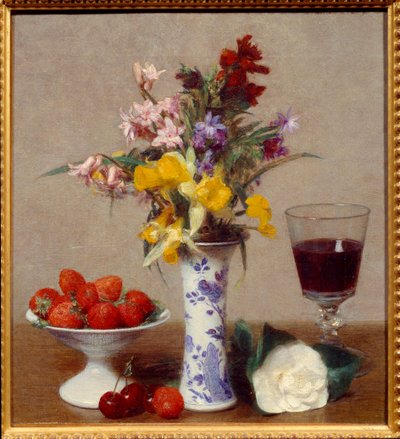 Naturaleza muerta llamada el compromiso. Un vaso de vino tinto, un ramo de mezcla, cerezas y fresas. Pintura de Henri Fantin-Latour de Ignace Henri Jean Fantin Latour