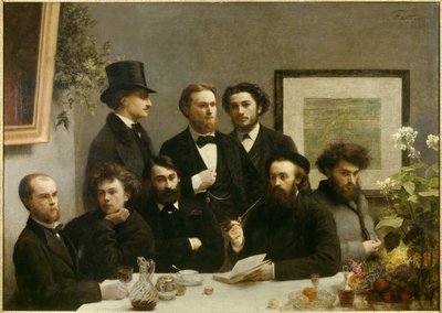 Esquina de la mesa. Representación de una reunión entre, de izquierda a derecha, Paul Verlaine, Arthur Rimbaud, Elzéar Bonnier, Léon Valade, Émile Blémont, Jean Aicart, Ernest d