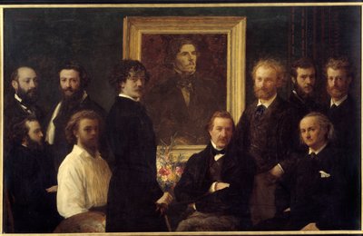 Homenaje a Eugène Delacroix. Los personajes representados son Louis Edmond Duranty (hombre de letras), James Abbott McNeill Whistler (pintor), Champfleury, Jules Husson (hombre de letras), Édouard Manet, Charles Baudelaire, Louis Cordier, Alphonse Legros ( de Ignace Henri Jean Fantin Latour