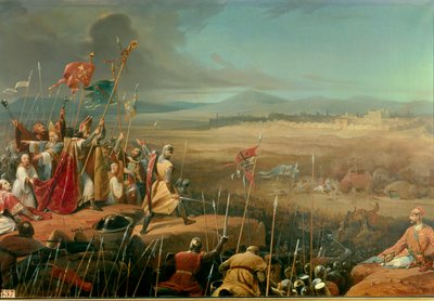 Primera cruzada: Batalla bajo los muros de Antioquía entre los cruzados comandados por Bohemundo y el ejército de Karbouka de Henri Frederic Schopin
