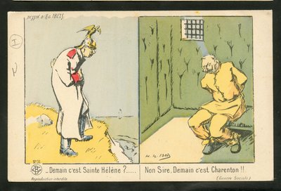 Postal, Satírico en Colores: ¿Mañana es Santa Helena? No, señor. Mañana es Charenton - Guerra del 14-18, Locura - Guillermo II Ilustración de H. G. Ibels (1867-1936) de Henri Gabriel Ibels