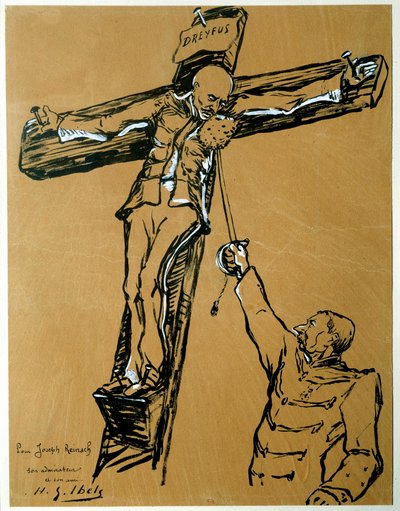 Sátira sobre el caso Dreyfus: "El capitán Dreyfus y el general Mercier (1833-1921): el ministro de guerra que condenó a Dreyfus, en lugar del soldado romano, extiende una esponja al capitán Dreyfus crucificado para que se limpie la cara" de Henri Gabriel Ibels