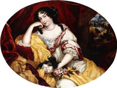 Retrato de una dama, sentada tres cuartos de longitud, con su perro frente a una ventana abierta, con un paisaje italianizante al fondo de Henri Gascar