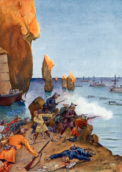 Colonización de Tonkín: "El almirante francés Amedee Courbet al frente de su flota en la bahía de Along (Ha Long) en agosto de 1883, Viet Nam" (Campaña de Tonkín: el almirante Amedee Courbet en la bahía de Along en julio-agosto de 1883 con importantes refu de Henri Gaston Darien