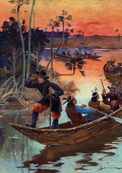 René Robert Cavelier de La Salle (1643-1687), explorador francés y sus compañeros descendiendo el río Mississippi para Francia de Henri Gaston Darien