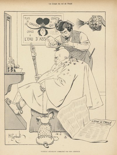 Corte de pelo del Rey de Thule: un hombre en la barbería (litografía) de Henri Gerbault