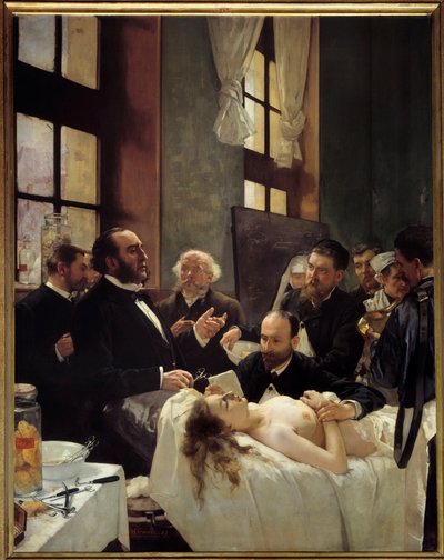Dr. Jules Emile Pean enseñando en el hospital Saint Louis su descubrimiento del pinzamiento de barcos (antes de la operación) de Henri Gervex