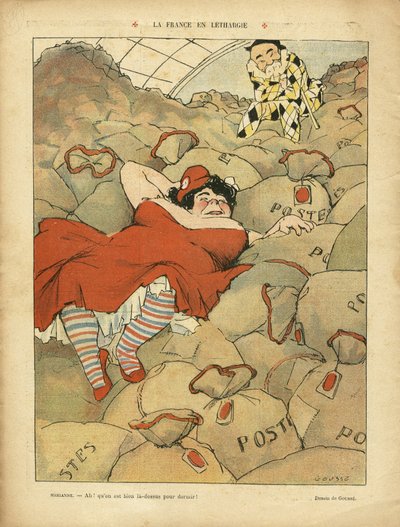 Ilustración de Henri Gousse (1872-1914) en Le Rire, 03/04/09 - La France en lethargie - Social, Greve, Courrier La Poste Postal - Clemenceau George, Marianne de Henri Gousse