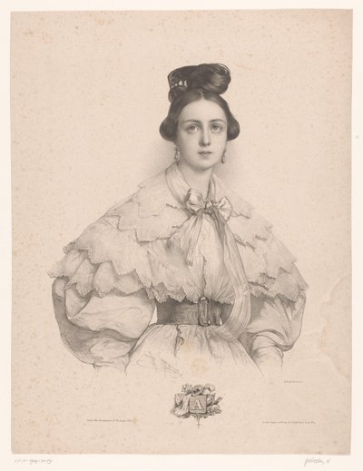 Mujer joven con nombre con letra A A (título en el objeto) Damas por cada letra del alfabeto (título de la serie) Le Miroir des Dames, ou nouvel alphabet français (título de la serie) de Henri Grevedon